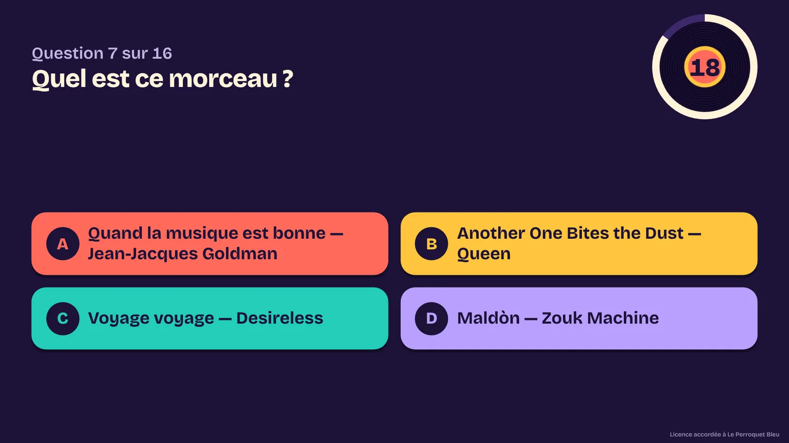 L'écran public du blind test pendant une question : « Quel est ce morceau ? », quatre propositions de couleur et le chrono.