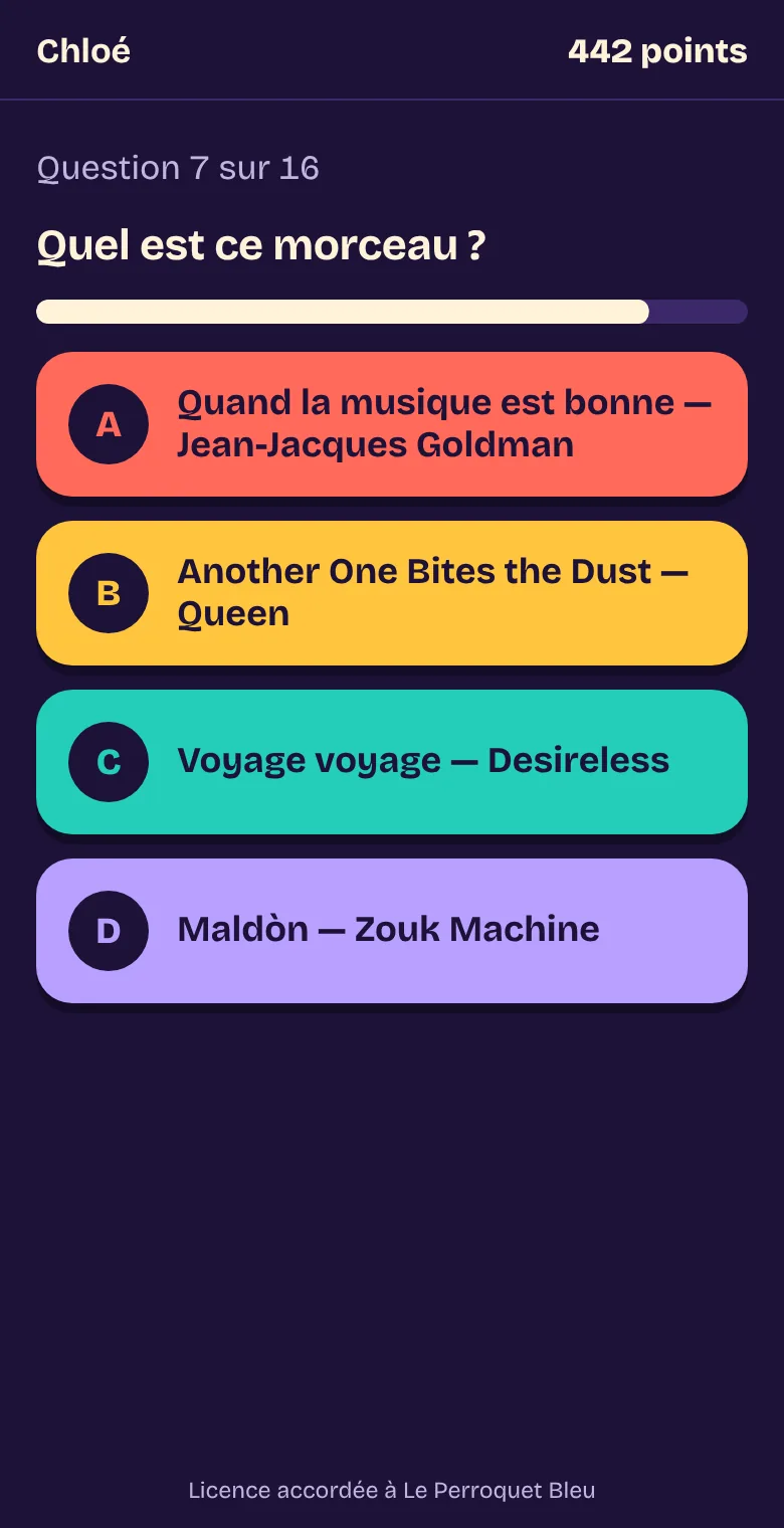 Le téléphone d'une joueuse : la même question, avec les quatre propositions à toucher.