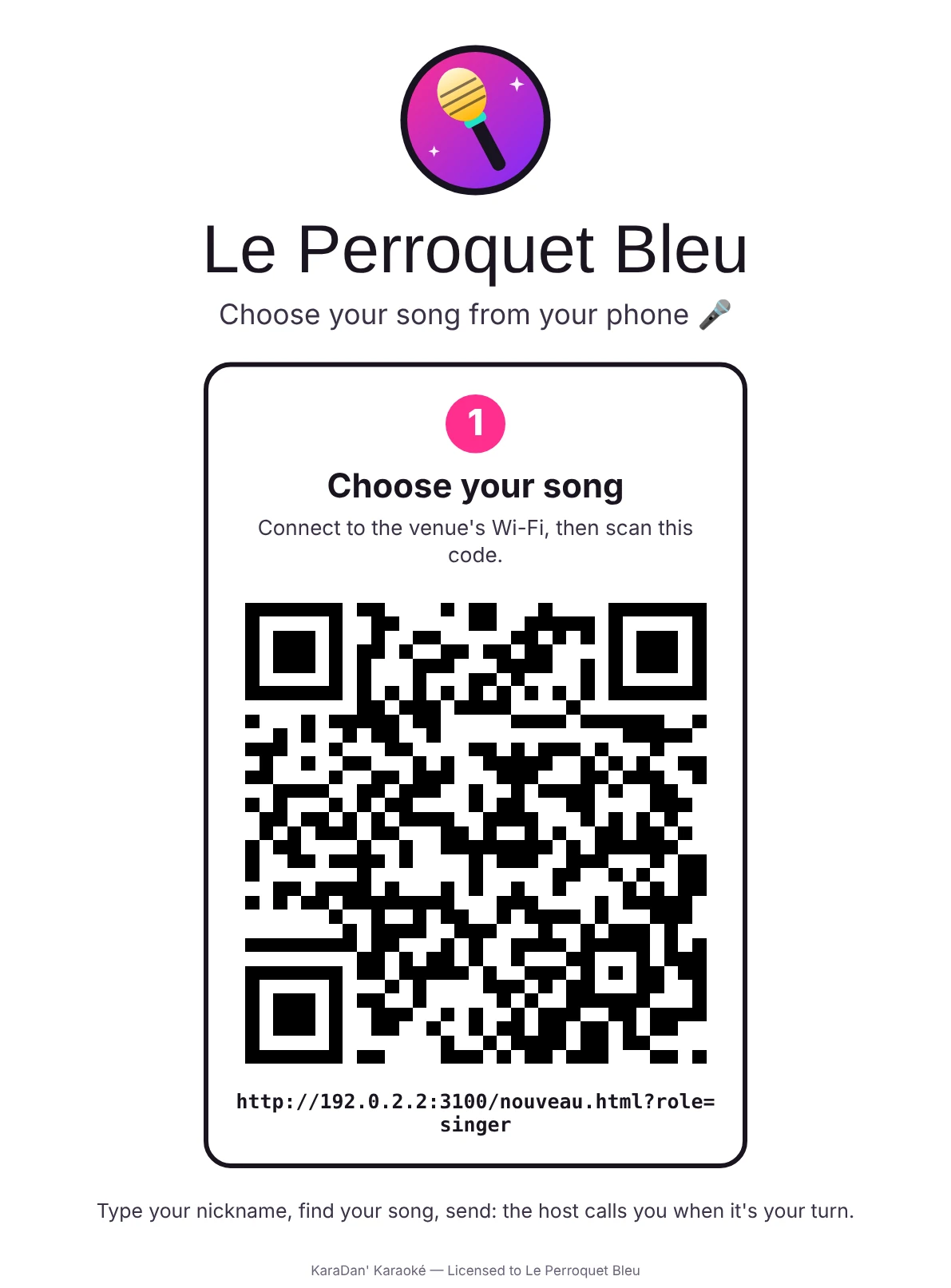 The poster to print: the venue's name, an invitation to choose a song from your phone, and a large QR code.