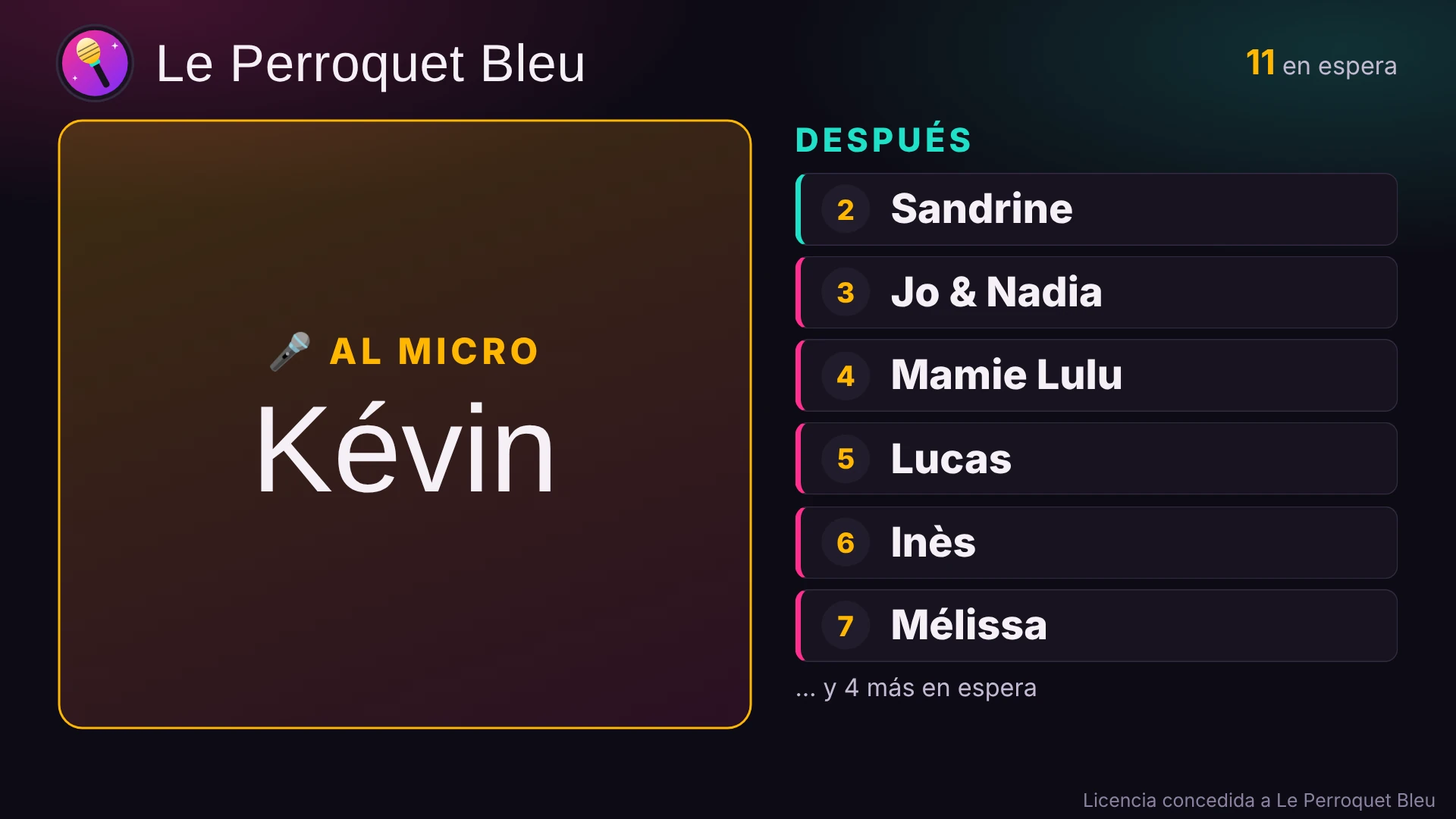 La pantalla pública: Kévin está al micro, seguido de la lista de los próximos cantantes.