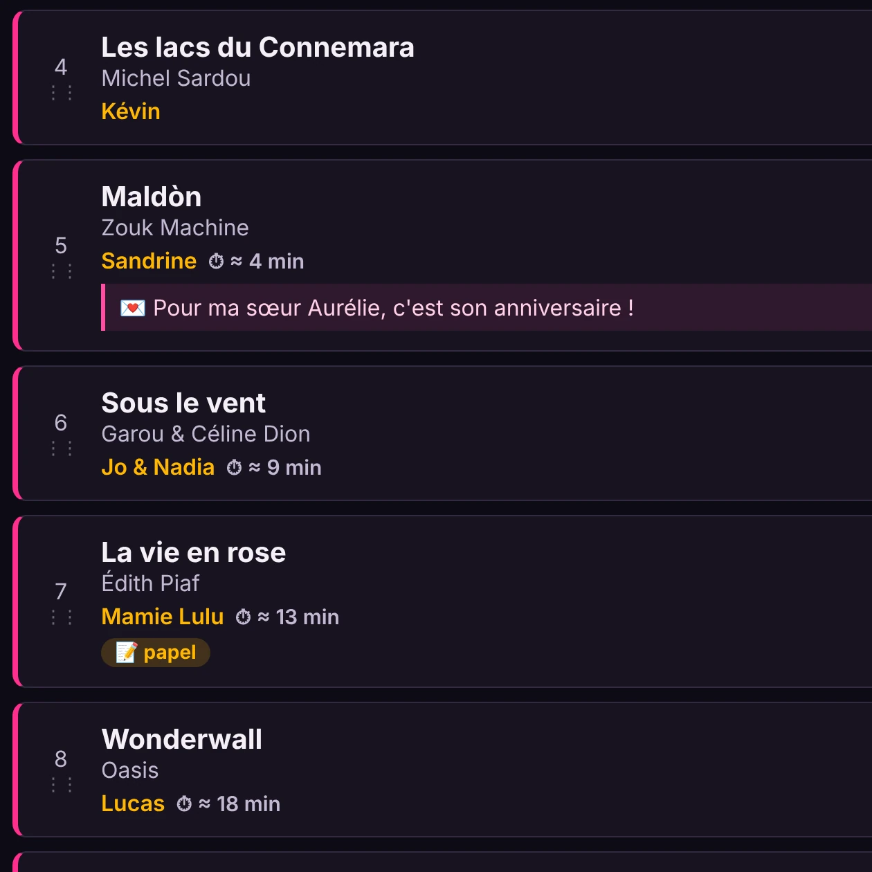 La cola del animador: una dedicatoria bajo la petición de Sandrine, un dúo, una petición recibida en papel y la espera junto a cada cantante.