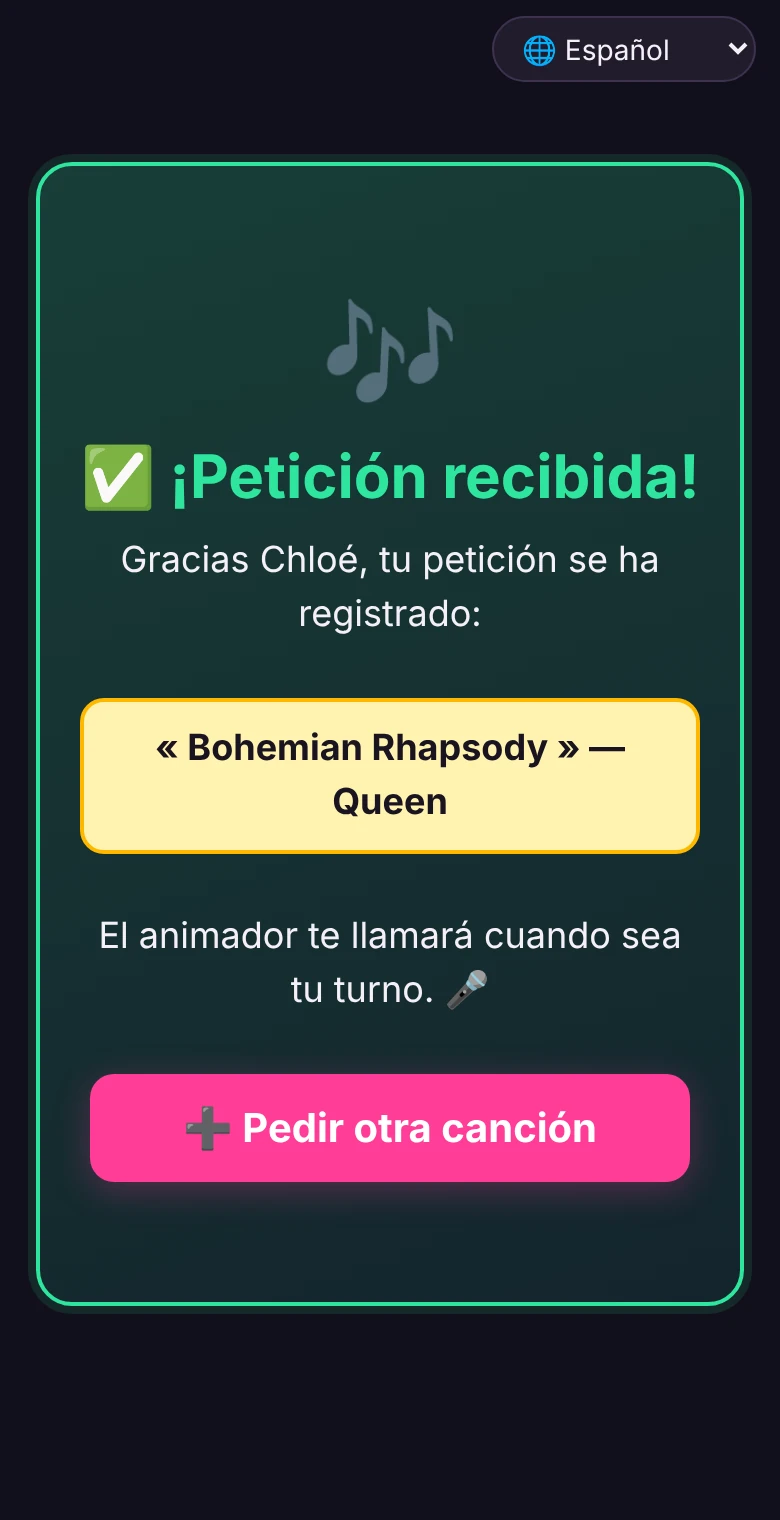 El móvil del cantante después de enviar: la petición está recibida y el animador lo llamará cuando llegue su turno.