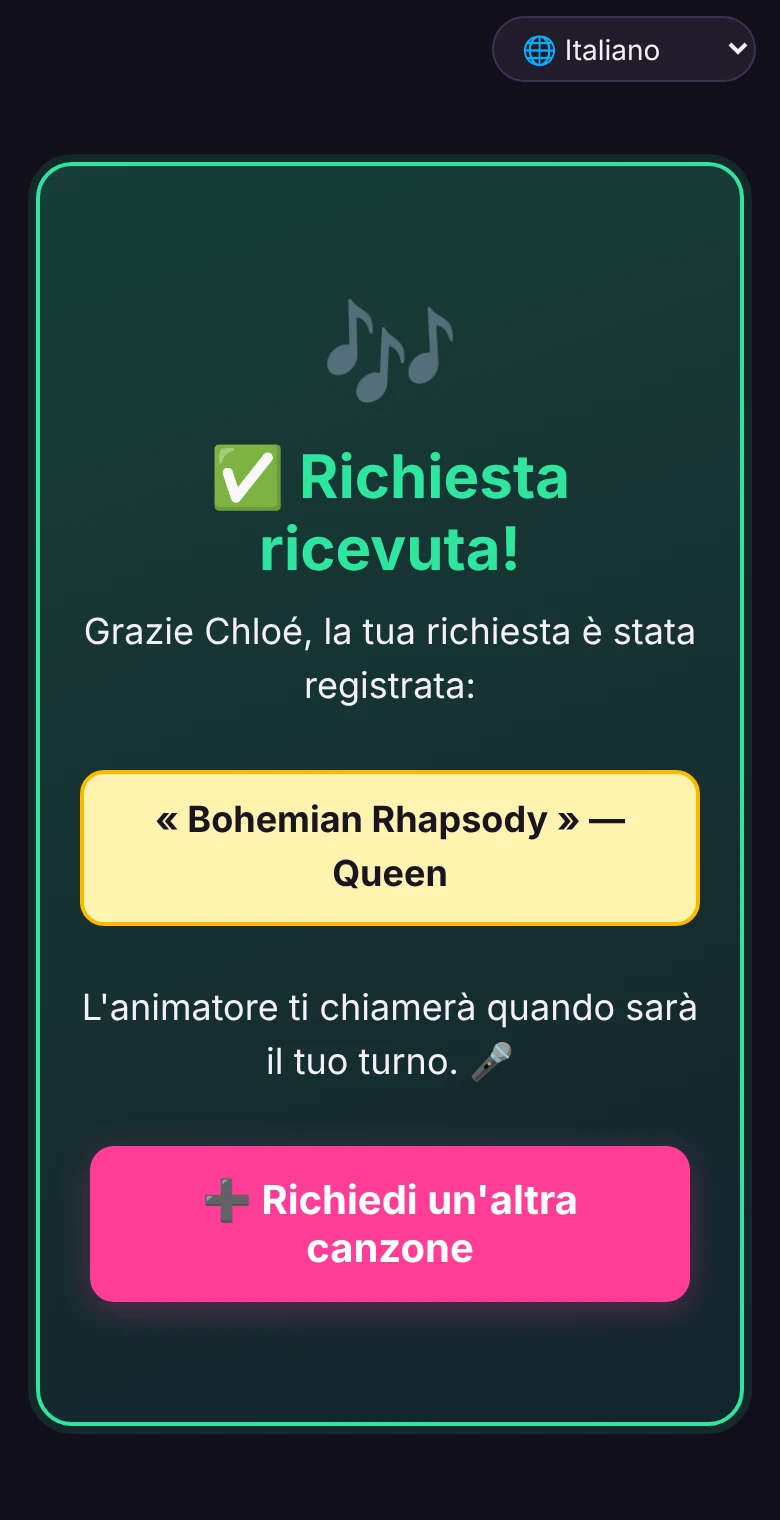 Il telefono del cantante dopo l'invio: la richiesta è stata ricevuta e l'animatore lo chiamerà quando sarà il suo turno.