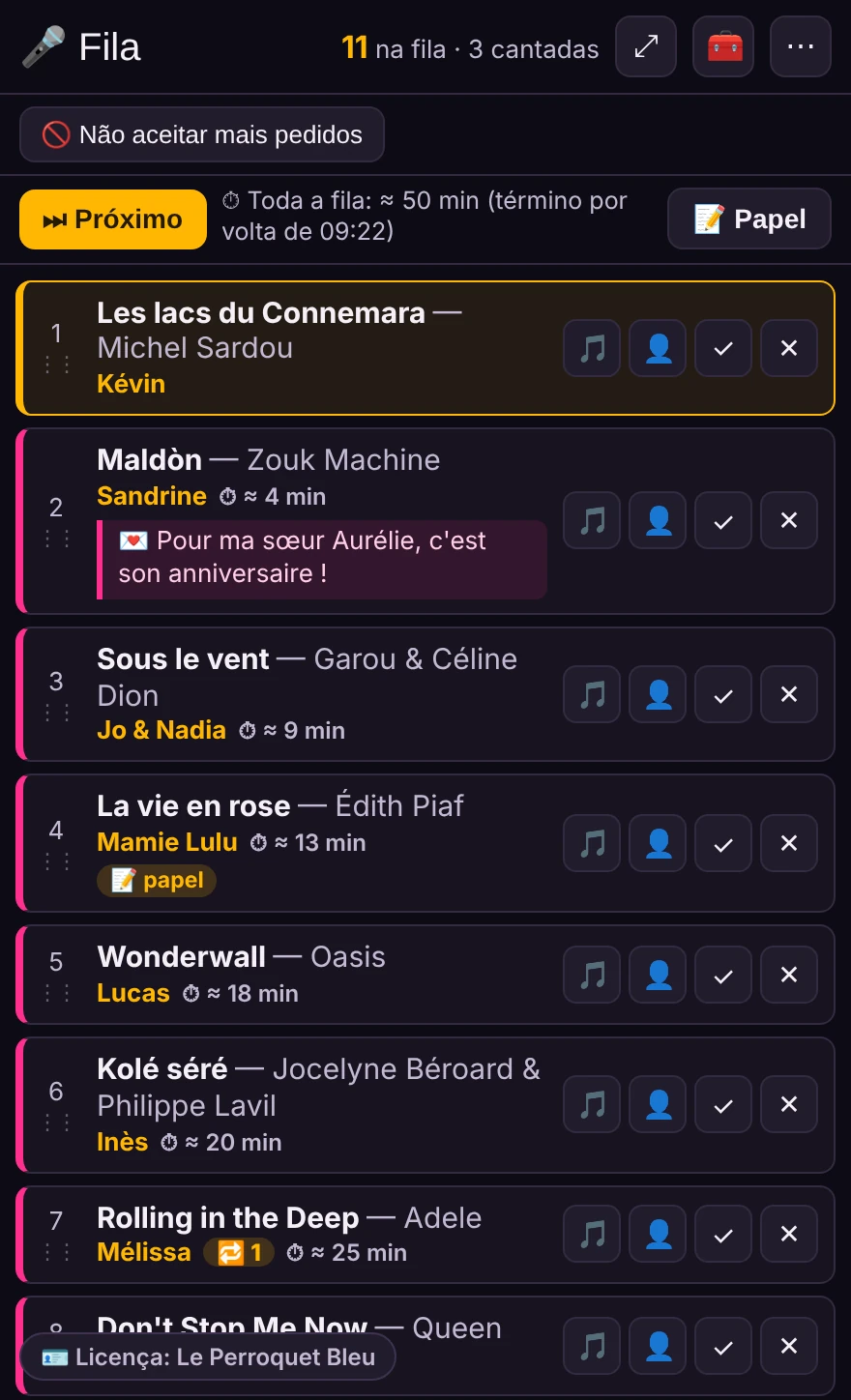 A tela do animador: a fila com, para cada pedido, a música, o cantor e a espera estimada.